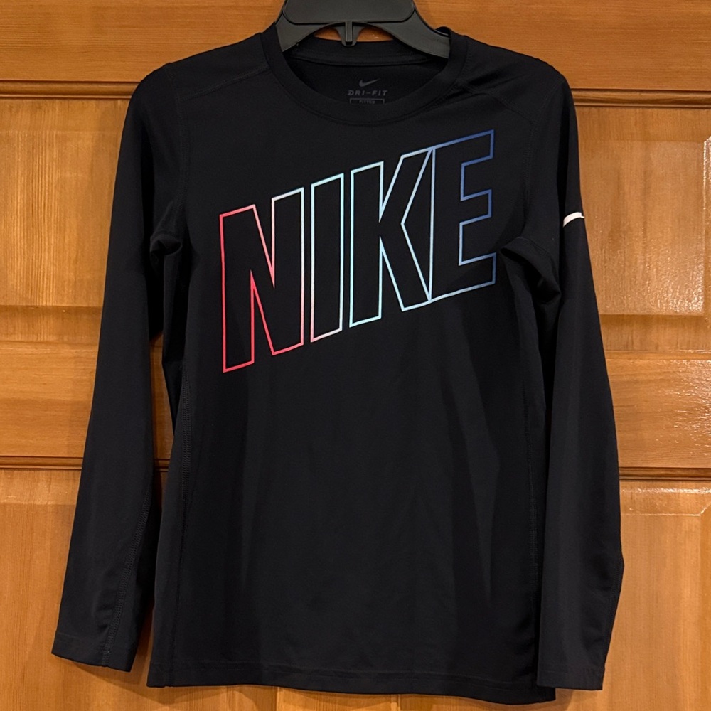 EUC! Boys size M, Nike Black Long Sleeve Tee with Multicolor Logo!